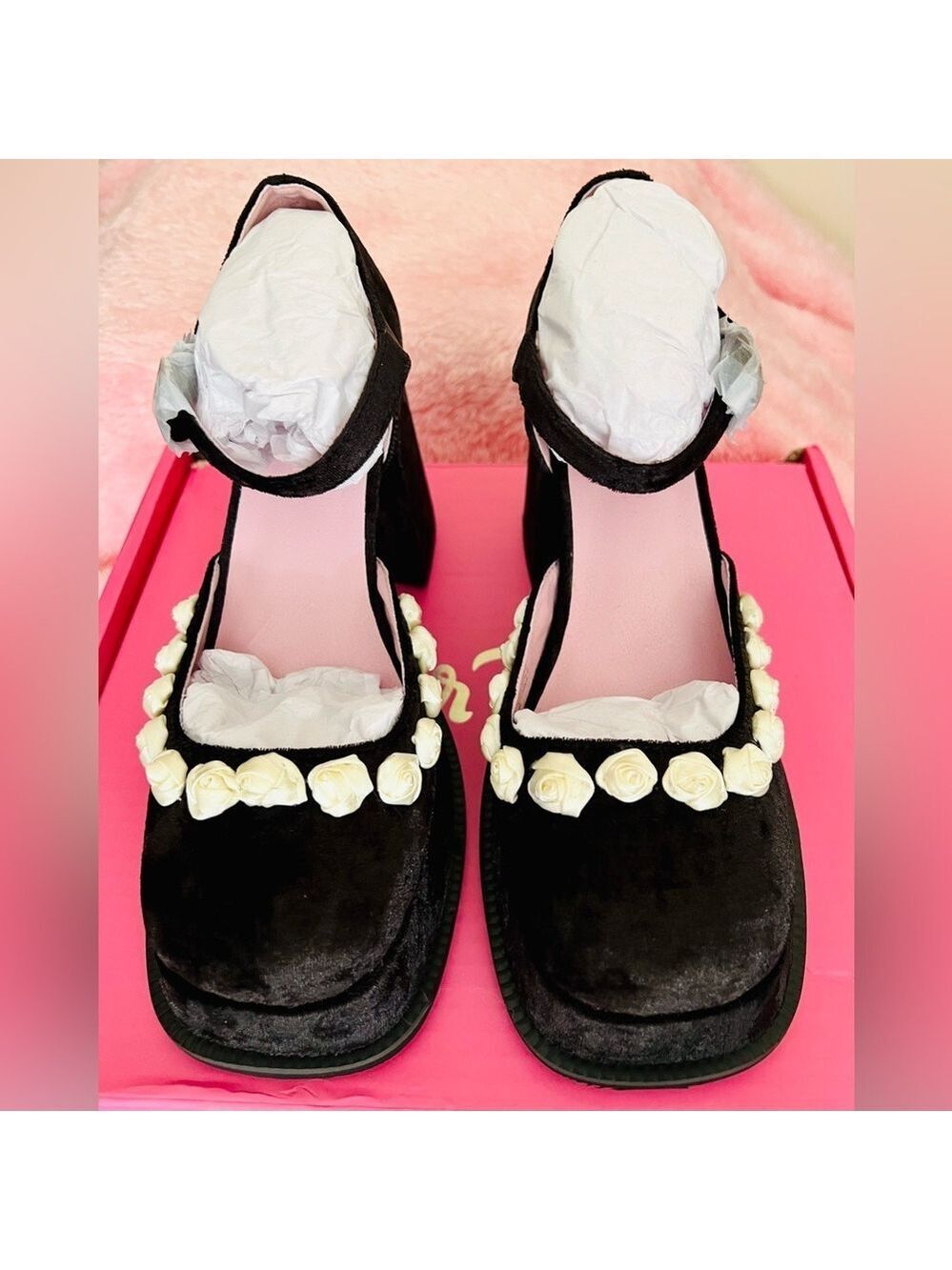 NIB Dolls Kill Current Mood Refined Rose Platform Mary Jane in black White Roses - Picture 3 of 13